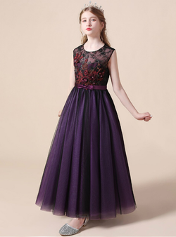 Dark Purple Tulle Appliques Sleeveless Flower Girl Dress