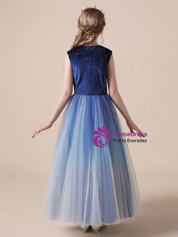 Blue Tulle Velvet Sequins Sleeveless Flower Girl Dress