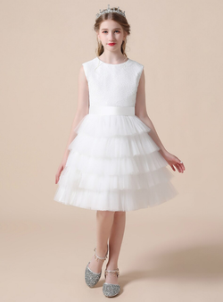 White Tulle Sequins Knee Length Flower Girl Dress Under 100 