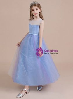 High quality Blue Tulle Sequins Sleeveless Flower Girl Dress