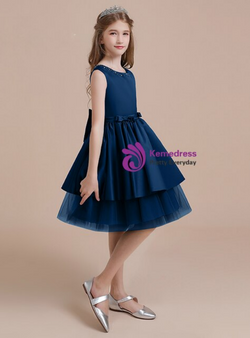 Navy Blue Tulle Satin Beading Knee Length Flower Girl Dress