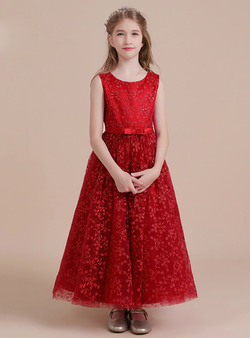 Modest Burgundy Tulle Lace Flower Girl Dress With Bow