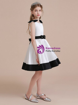 White Satin Flower Knee Length Flower Girl Dress With Belt