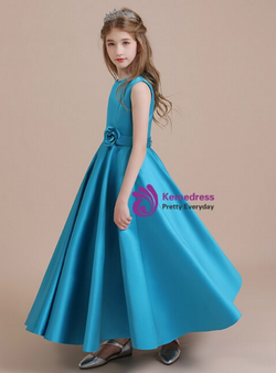 Cute Blue Satin Sleeveless Long Flower Girl Dress With Flower 