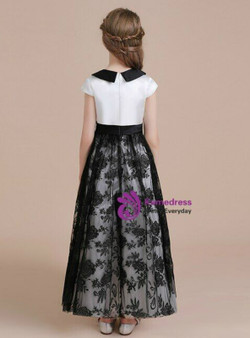 Black Tulle Lace Cap Sleeve Flower Girl Dress With Bow