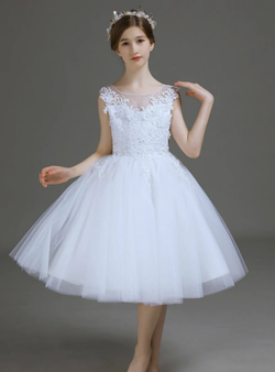 Latest White Tulle Appliques Knee Length Flower Girl Dress