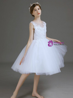 Latest White Tulle Appliques Knee Length Flower Girl Dress