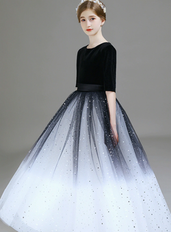 Romance Black Tulle Sequins Velvet Short Sleeve Flower Girl Dress