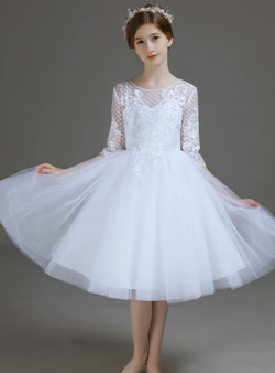White Tulle Lace Appliques Knee Length Short Sleeve Flower Girl Dress