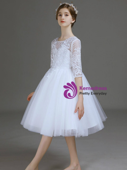 White Tulle Lace Appliques Knee Length Short Sleeve Flower Girl Dress