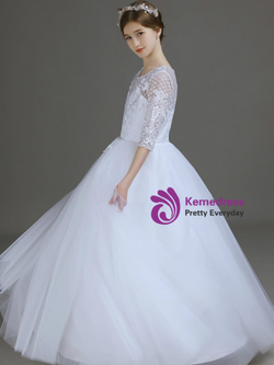 White Tulle Lace Appliques Half Sleeve Flower Girl Dress