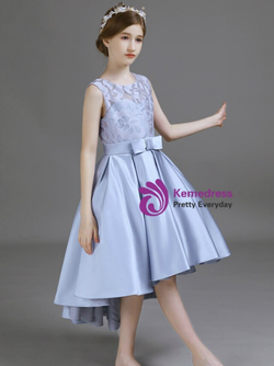 Elegance Silver Gray Satin Hi Lo Short Flower Girl Dress