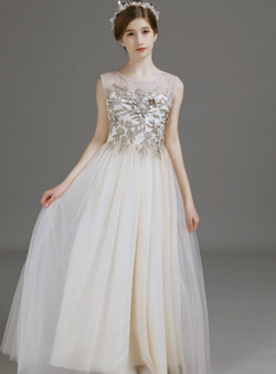 Princess Champagne Sleeveless Tulle Appliques Flower Girl Dress