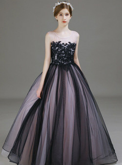 Modest Black Pink Tulle Lace Appliques Flower Girl Dress