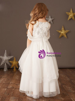 Hot Sale White Tulle Hi Lo Beading Sequins Flower Girl Dress