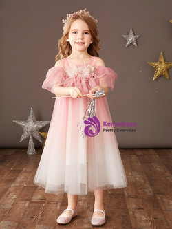 A-Line Pink Tulle Feather Tea Length Flower Girl Dress