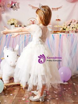 Exciting White Tulle Beading Tea Length Flower Girl Dress