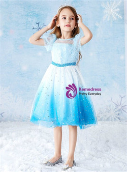 Blue Tulle Sequins Puff Sleeve Short Flower Girl Dress