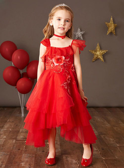 Dazzling Red Tulle Asymmetry Neck Appliques Flower Girl Dress