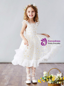 Glittering White Tulle Straps Little Daisy Tea Length Flower Girl Dress