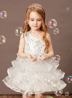 White Tulle One Shoulder Beading Short Flower Girl Dress