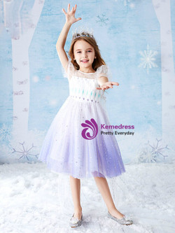 Fashionable Purple White Tulle Sequins Short Sleeve Flower Girl Dress