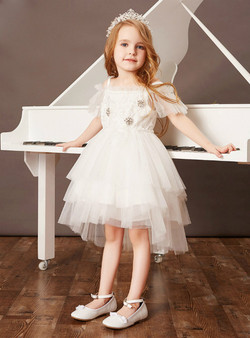 White Spaghetti Straps Tulle Hi Lo Beading Flower Girl Dress