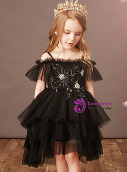 Black Ball Gown Tulle Hi Lo Beading Tiers Flower Girl Dress