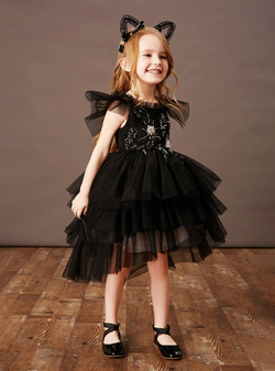 Black Ball Gown Tulle Hi Lo Beading Tiers Flower Girl Dress