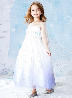High quality Blue White Tulle Sequins Long Sleeve Flower Girl Dress