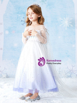 High quality Blue White Tulle Sequins Long Sleeve Flower Girl Dress