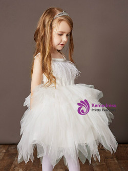 White Tulle Spaghetti Straps Feather Short Flower Girl Dress