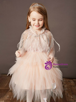 Pink Tulle Spaghetti Straps Feather Beading Short Flower Girl Dress