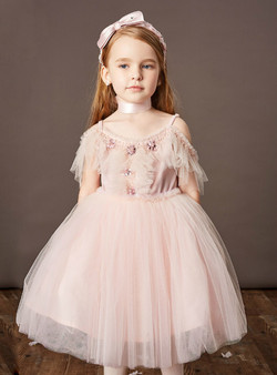 Pink Tulle Spaghetti Straps Beading Short Flower Girl Dress