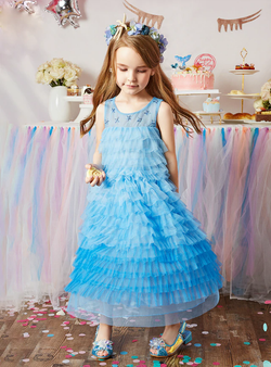 Princess Blue Tulle Tiers Beading Ankle Length Flower Girl Dress Princess Blue Tulle Tiers Beading Ankle Length Flower Girl Dress