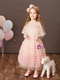Beautiful Light Pink Tulle Tiers Beading Flower Girl Dress