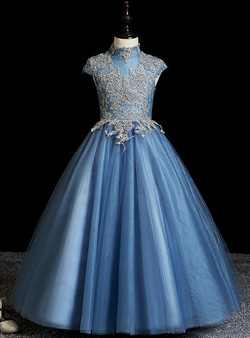 Blue Tulle High Neck Cap Sleeve Appliques Flower Girl Dress