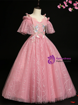 Pink Tulle Sequins Spagehtti Straps Appliques Short Sleeve Flower Girl Dress