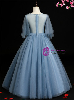 Blue Tulle 3D Appliques Star Sequins Flower Girl Dress