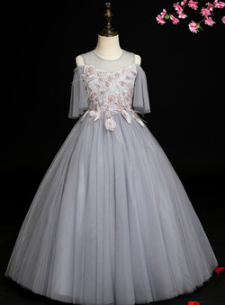 Hot Sale Gray Tulle Appliques Cold Shoulder Flower Girl Dress