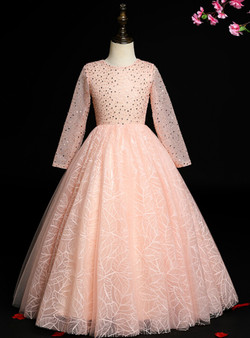 New arrivals Pink Tulle Sequins Long Sleeve Flower Girl Dress