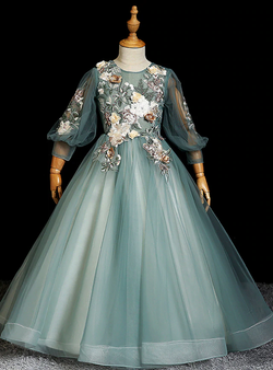 Splendid Green Embroidery Appliques Tulle Long Sleeve Flower Girl Dress