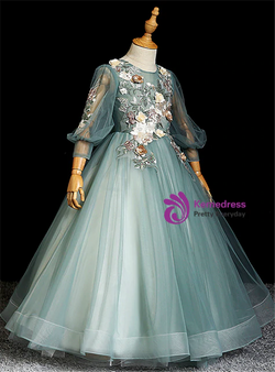 Splendid Green Embroidery Appliques Tulle Long Sleeve Flower Girl Dress