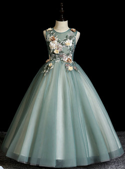 Green Embroidery Appliques Tulle Sleeveless Flower Girl Dress