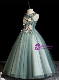Green Embroidery Appliques Tulle Sleeveless Flower Girl Dress