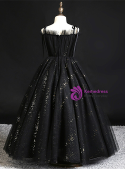 Black Spagehtti Straps Tulle Sequins Pleats Flower Girl Dress