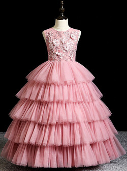 Pink Tulle Tiers 3D Appliques Long Flower Girl Dress Pink Tulle Tiers 3D Appliques Long Flower Girl Dress