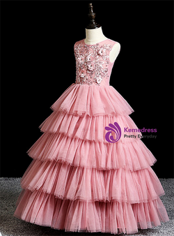 Pink Tulle Tiers 3D Appliques Long Flower Girl Dress Pink Tulle Tiers 3D Appliques Long Flower Girl Dress