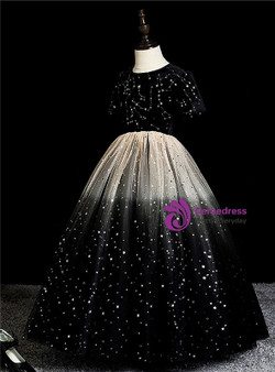 Black Velvet Tulle Sequins Short Sleeve Flower Girl Dress