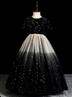 Black Velvet Tulle Sequins Short Sleeve Flower Girl Dress